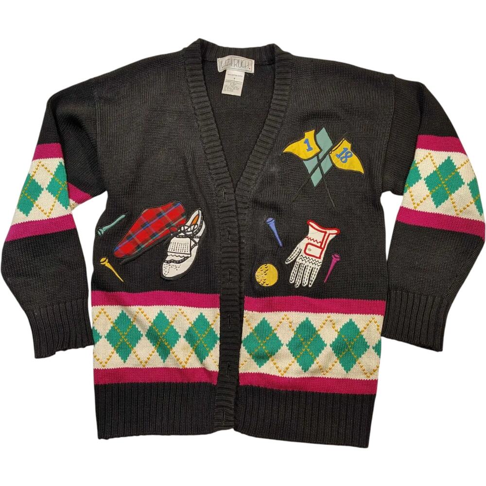 VTG LIZI RUCH Women's Black Golf Prep Cardigan Sweater Size S **PLEASE READ**